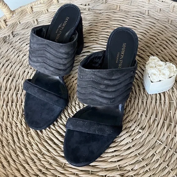 New Marion Parke BLACK Quilted Suede Leather Slide Sandals - Picture 5 of 15